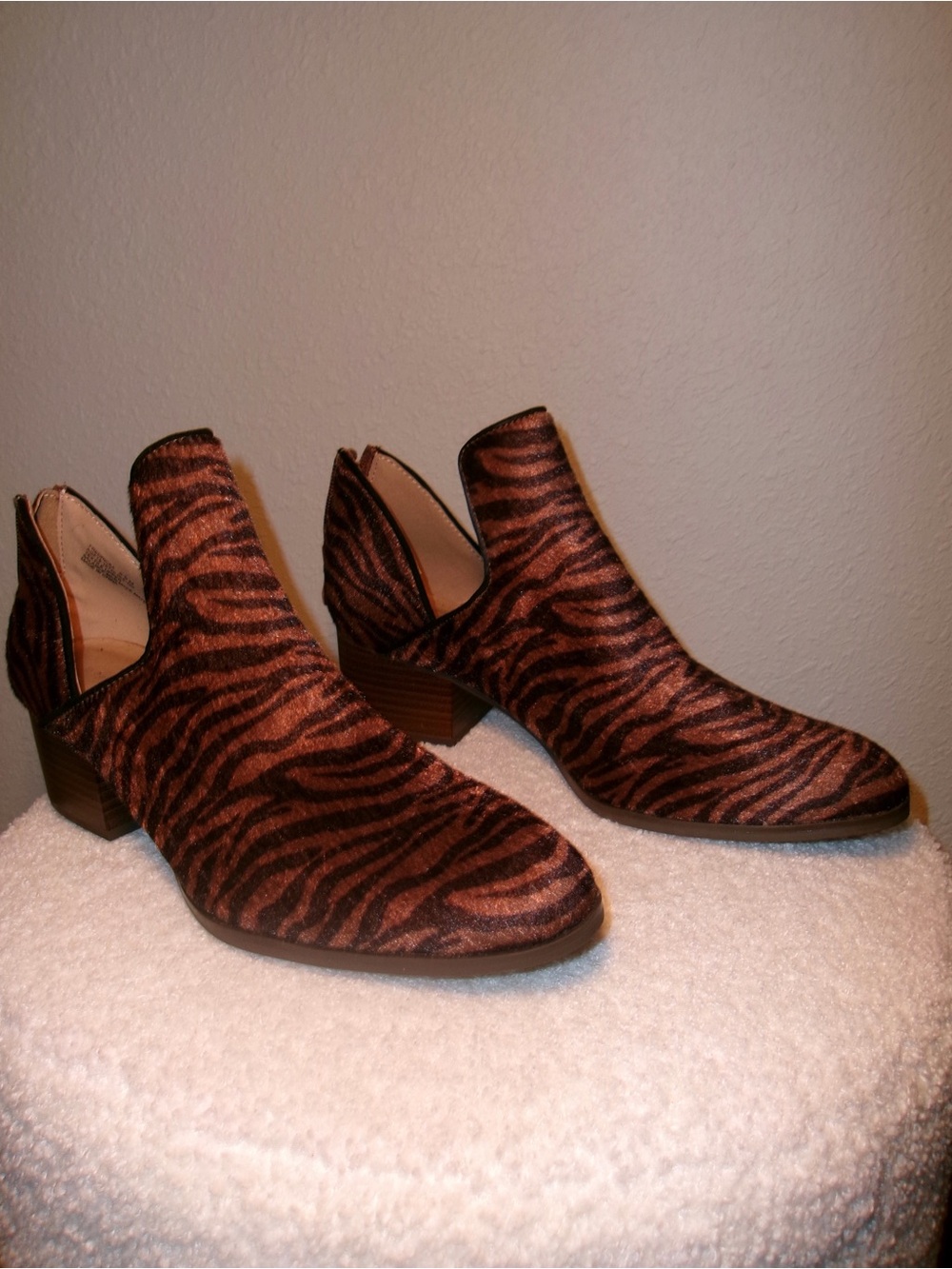 new directions Brown Zebra-Print Cutout Ankle Booties with Stacked Heel
